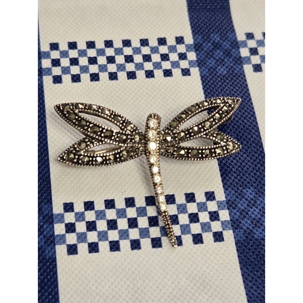 Signed Judith Jack Sterling Silver Marcasite Dragonfly  Brooch pin . 1.25"